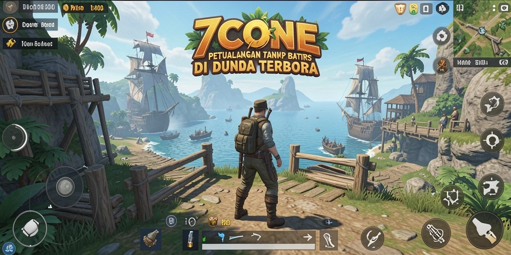 Screenshot permainan 7CONE yang menunjukkan petualangan seru di dunia terbuka.