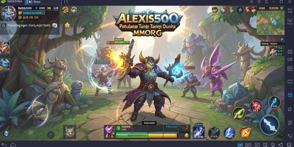 Screenshot gameplay ALEXIS500 dengan karakter dan pertempuran epik.