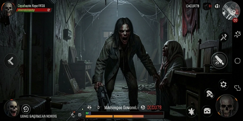 Tampak gameplay menegangkan dengan suasana kegelapan dan makhluk menyeramkan.