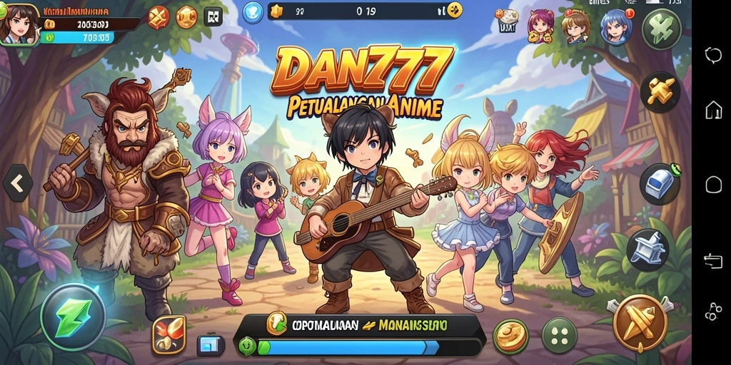 Tampilan gameplay yang penuh aksi dari DAN777 dengan karakter anime yang beragam.