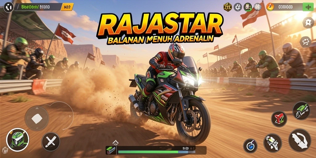 Screenshot utama RAJASTAR menampilkan gameplay balapan motor yang seru.
