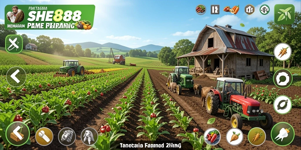 Screenshot gameplay SHE888 menampilkan kebun yang subur dan hewan ternak.