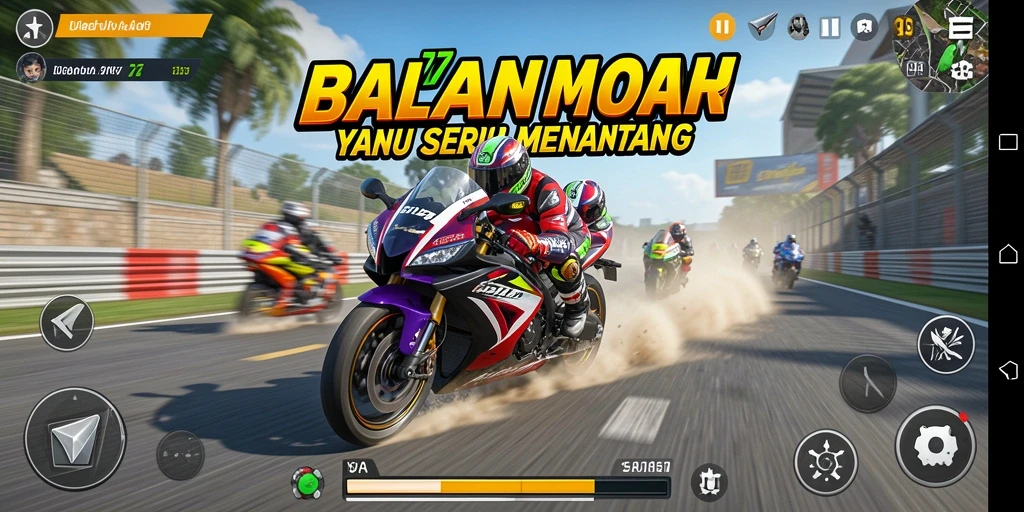 Tampilan gameplay UH77 dengan aksi balapan motor yang mendebarkan.